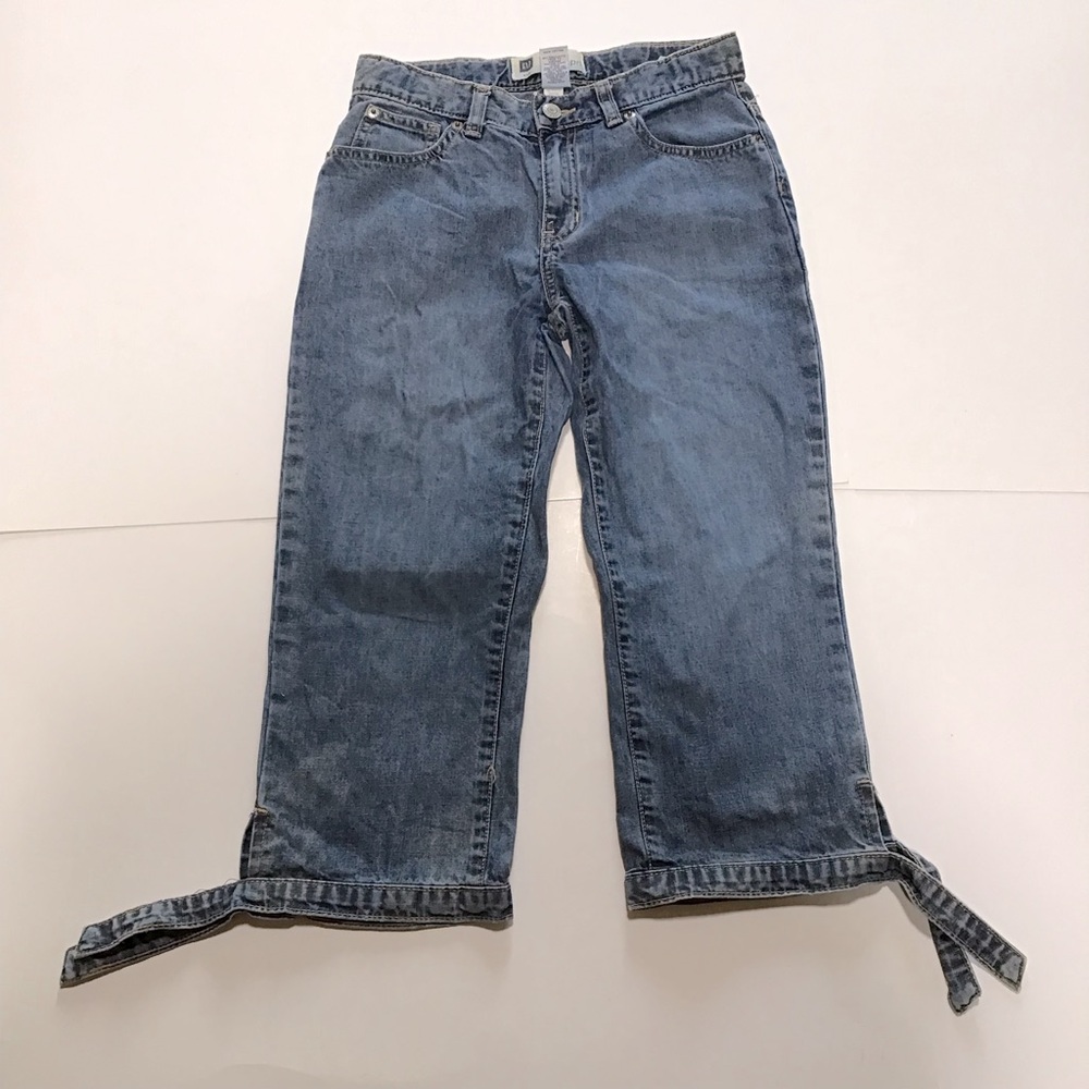 GAP Factory Capri Jeans Girls 14 Blue 100% Cotton Tie Cuffs Y2K Casual Med Wash